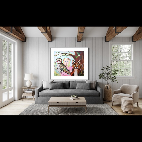 Blossom Fox Owl Art Print Oil Painting Flowers Child Portrait Whimsical Decor - Picture 7 of 9